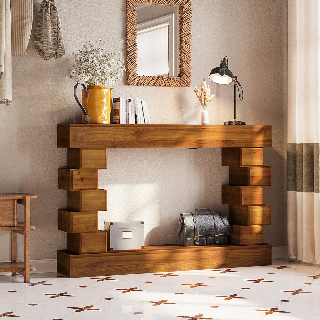 Geometric Block Stacked Wood Console Table with Warm Tone