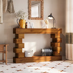 Geometric Block Stacked Wood Console Table with Warm Tone