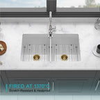 32"x19"x10" Undermount Double Bowl Porcelain Fireclay Kitchen Sink