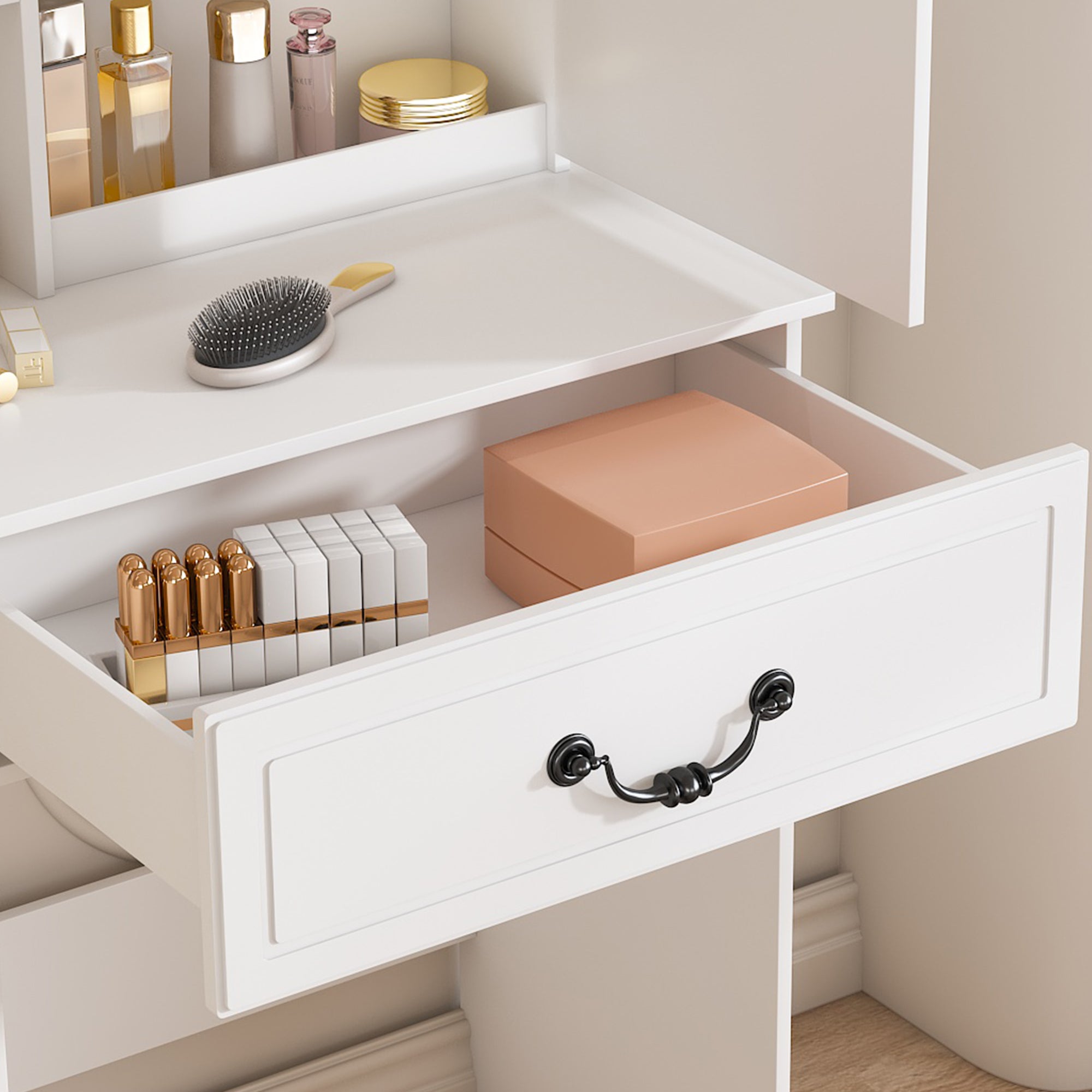Modern Mini Dressing Table with LED-lit Mirror & Hidden Storage