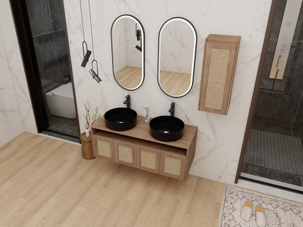 48" Bathroom Vanity with 2-Ceramic Art Sink and Side Cabinet
