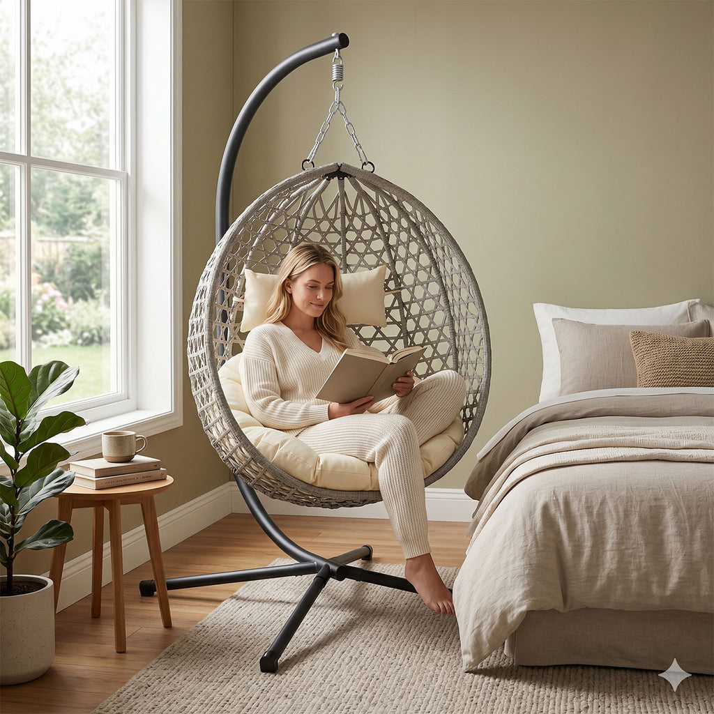 Folding PE Rattan Hanging Egg Chair with Stand