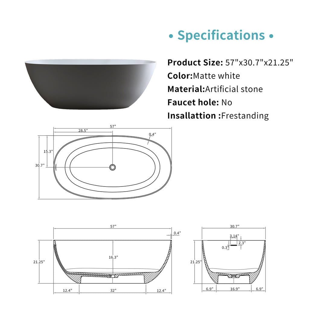 57" Solid Surface Matte Tub - Freestanding Soaking Bathtub