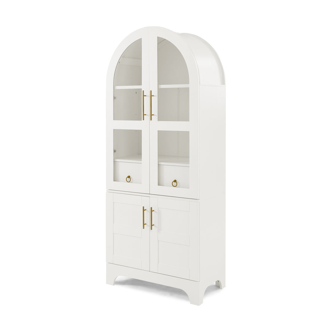 77-Inch Arched Kitchen Cabinet with Glass Doors and Hidden Drawer, White