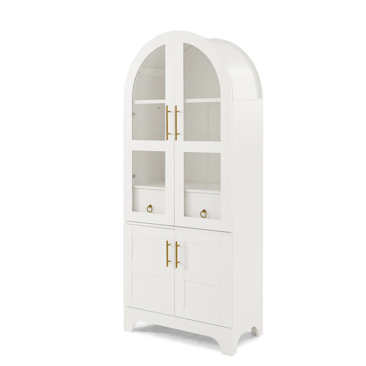 77-Inch Arched Kitchen Cabinet with Glass Doors and Hidden Drawer, White
