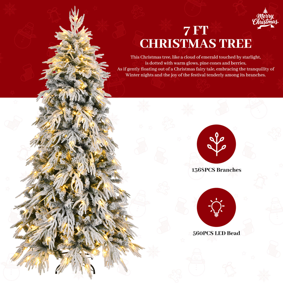 7ft Slim Flocked Christmas Tree, Pre-lit with 250 Warm White LEDs, White
