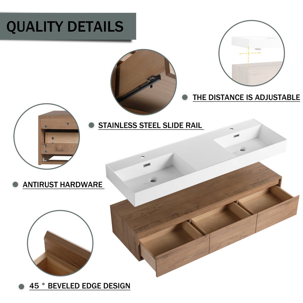 60 Inch Wall-Mounted Bathroom Vanity with Double Resin Sink
