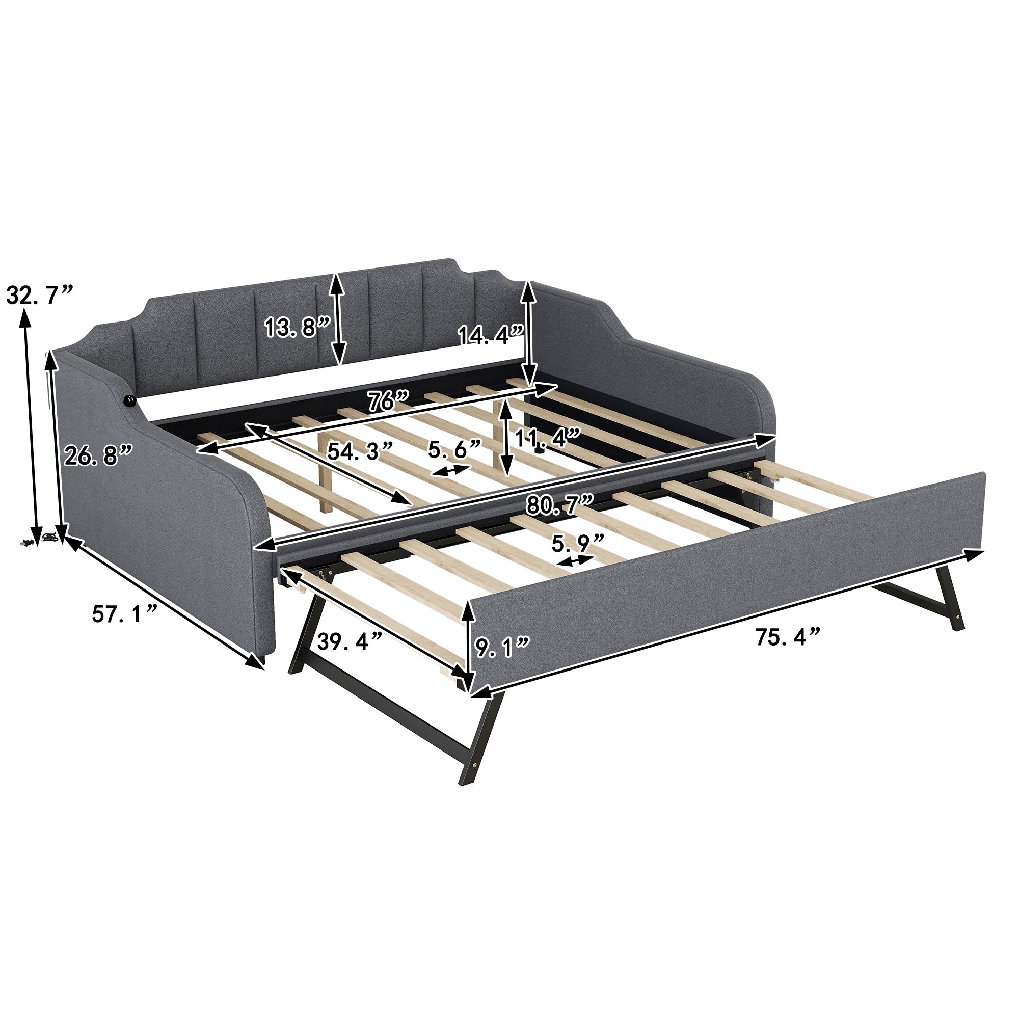 Full Size Upholstery Daybed with Trundle and USB Charging Design
