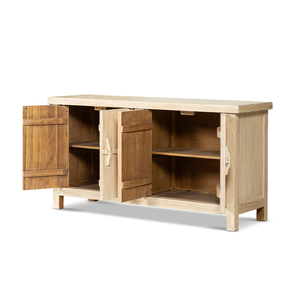 Rowan 63-Inch Elm Wood 4-Door Cabinet, Light Natural Brown