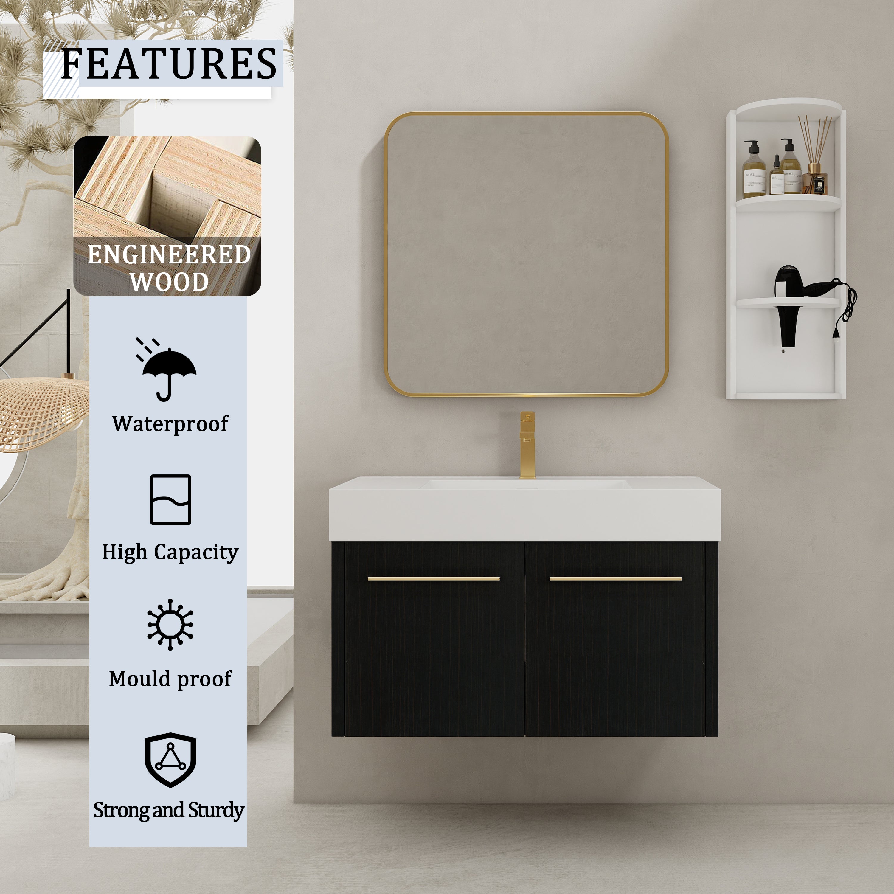 36 Inch Wall-Mounted Bathroom Vanity with Sink and Storage Rack