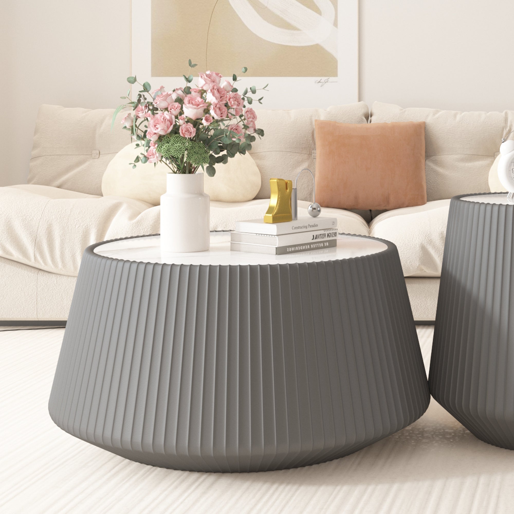 Light Sintered Stone Top Cup Shape Leather Coffee Table