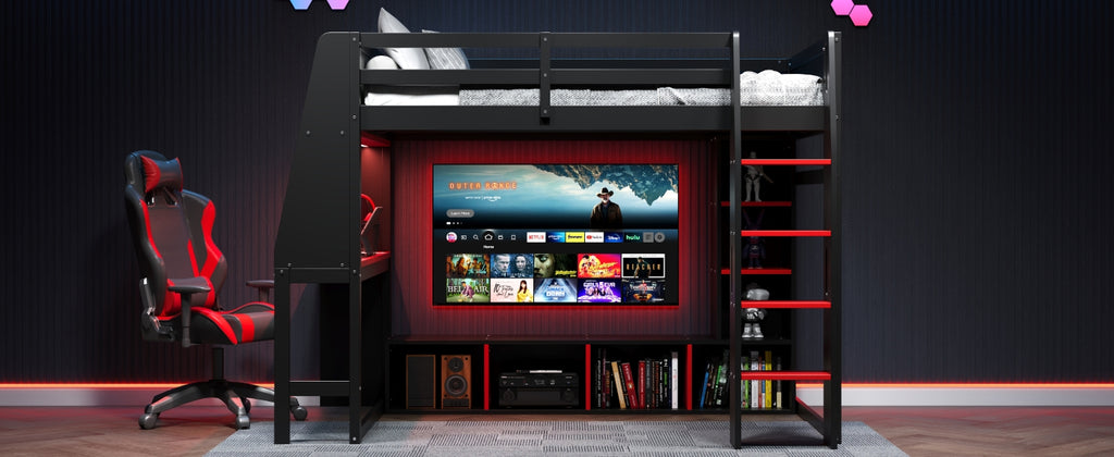 Wood Full Size Gaming Loft Bed with Desk, Multi-storage Shelves, LED and a Hanging Clothes Rack
