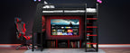 Wood Full Size Gaming Loft Bed with Desk, Multi-storage Shelves, LED and a Hanging Clothes Rack