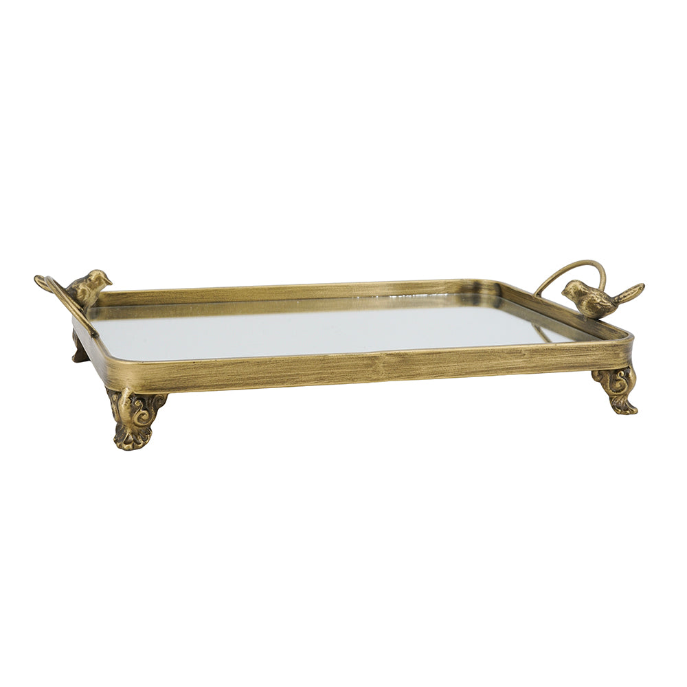 16.3x9.8x3.7" Metal Bird-Accented Mirrored Tray