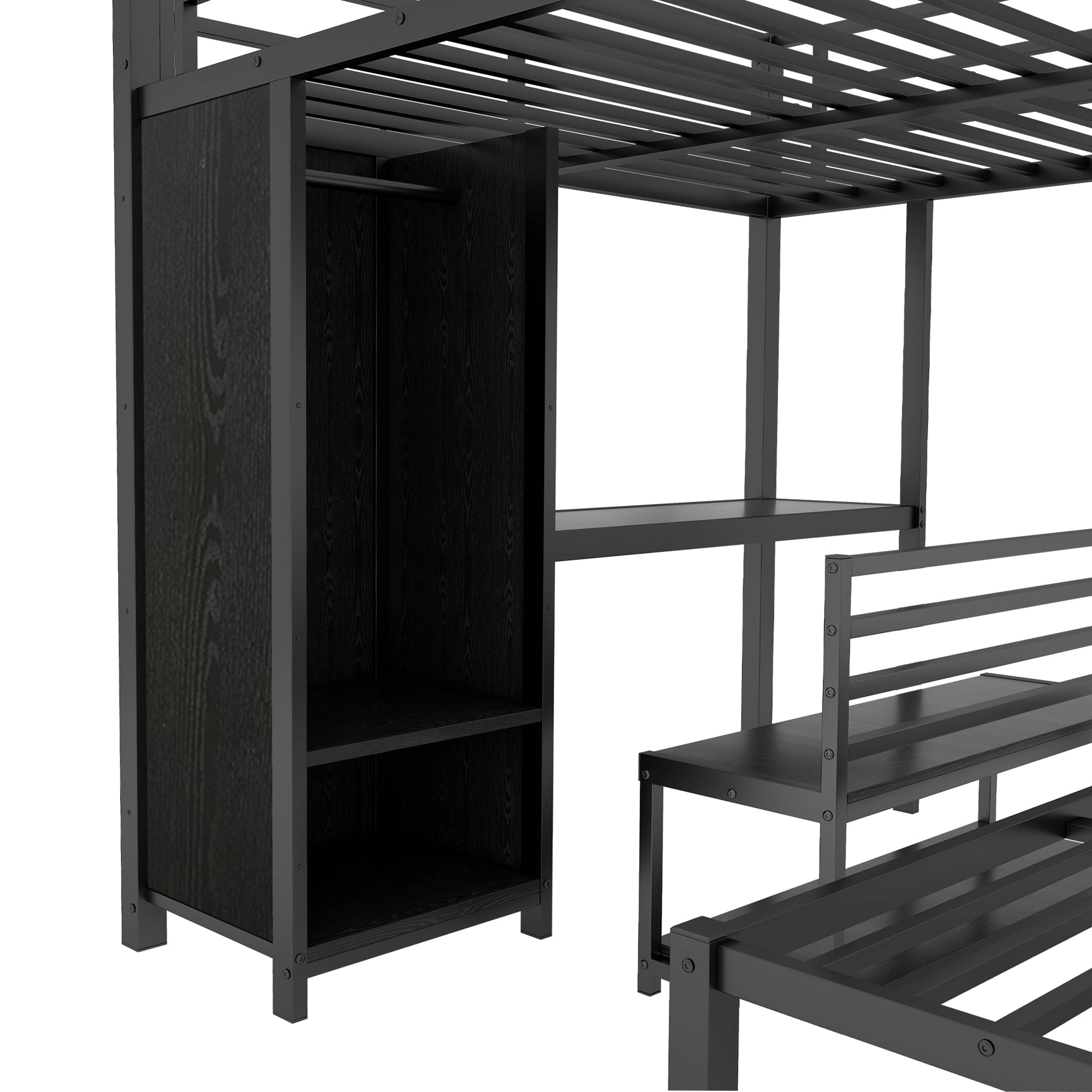 Queen Over Queen Size Bunk Bed Frame with Built-in Wardrobe
