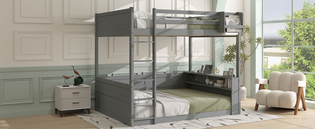Queen Size Wooden Bunk Bed with Built-in Shelves and Storage