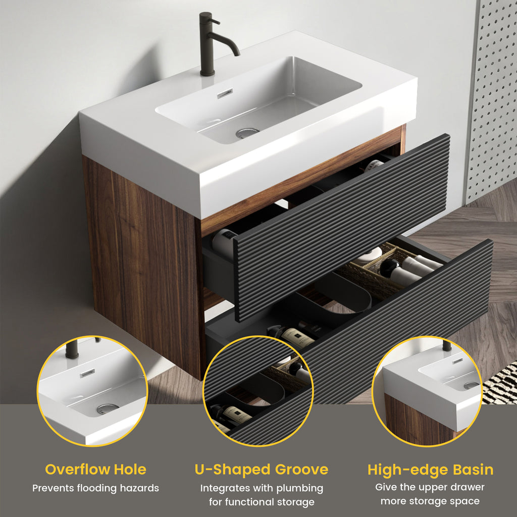 Grace 30-Inch Wall-Mount Bathroom Vanity, Glossy White Solid Surface Sink, Black Drawers