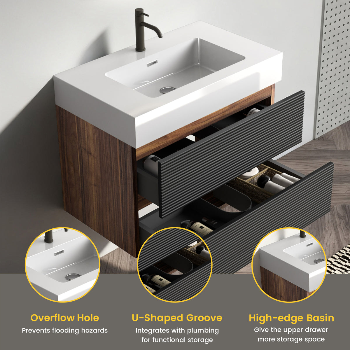 Grace 30-Inch Wall-Mount Bathroom Vanity, Glossy White Solid Surface Sink, Black Drawers