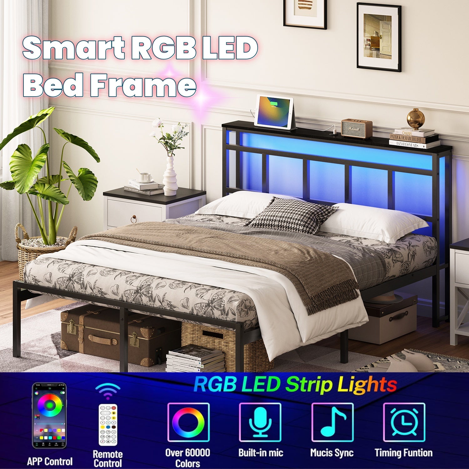 14 Inch Twin Bed Frame with Storage Headboard, Metal Platform Bed Frame with USB-C,Type-C and LED Light