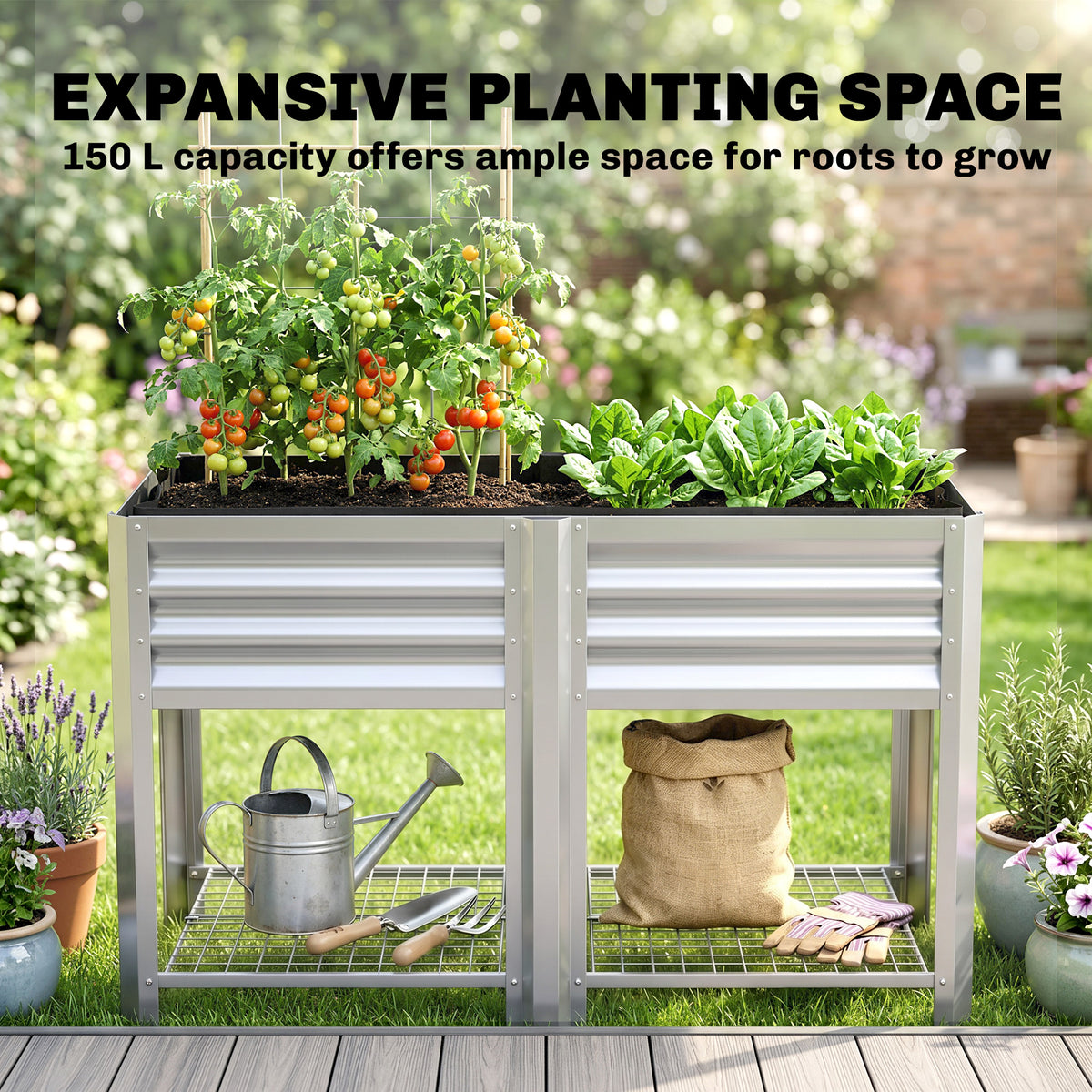Outsunny Galvanized Steel Raised Garden Bed with Storage Shelf