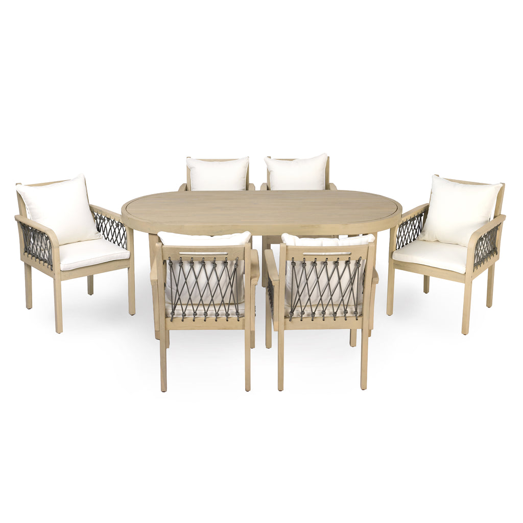 7-Piece Outdoor Acacia Wood Dining Set with Rope-Woven Armchairs