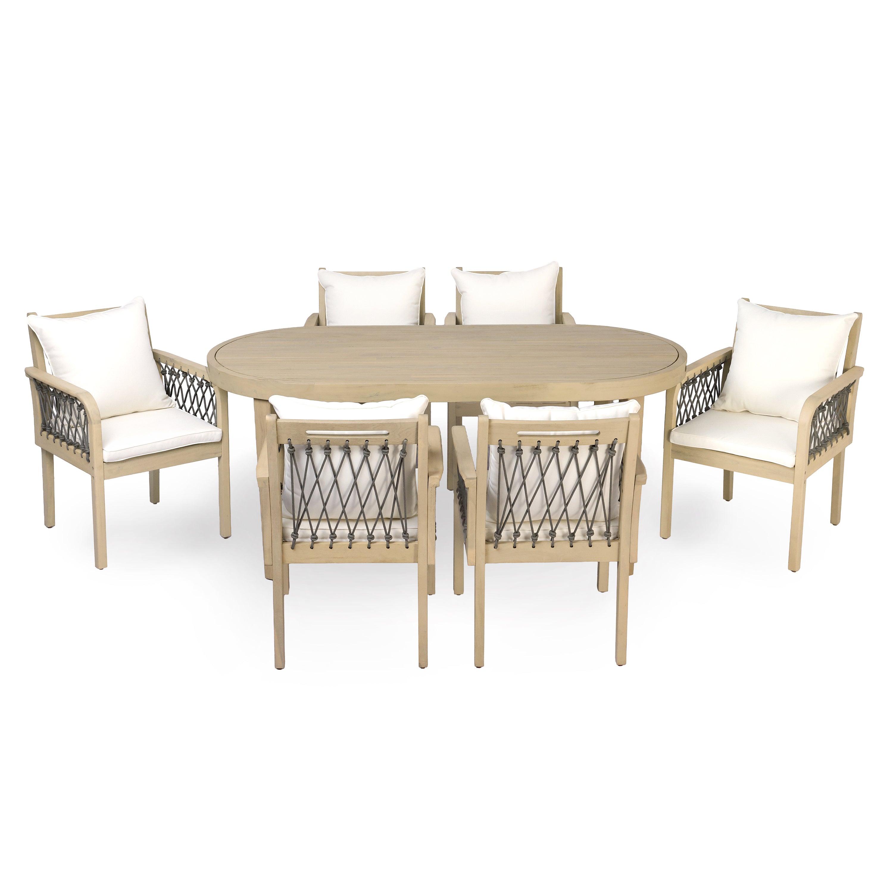 7-Piece Outdoor Acacia Wood Dining Set with Rope-Woven Armchairs