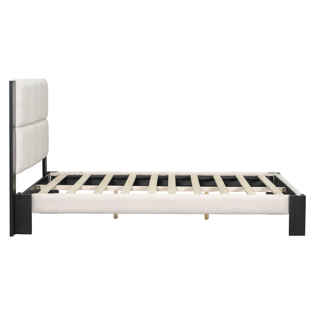 Boucle Queen Bed Frame with Square-Stitched Headboard