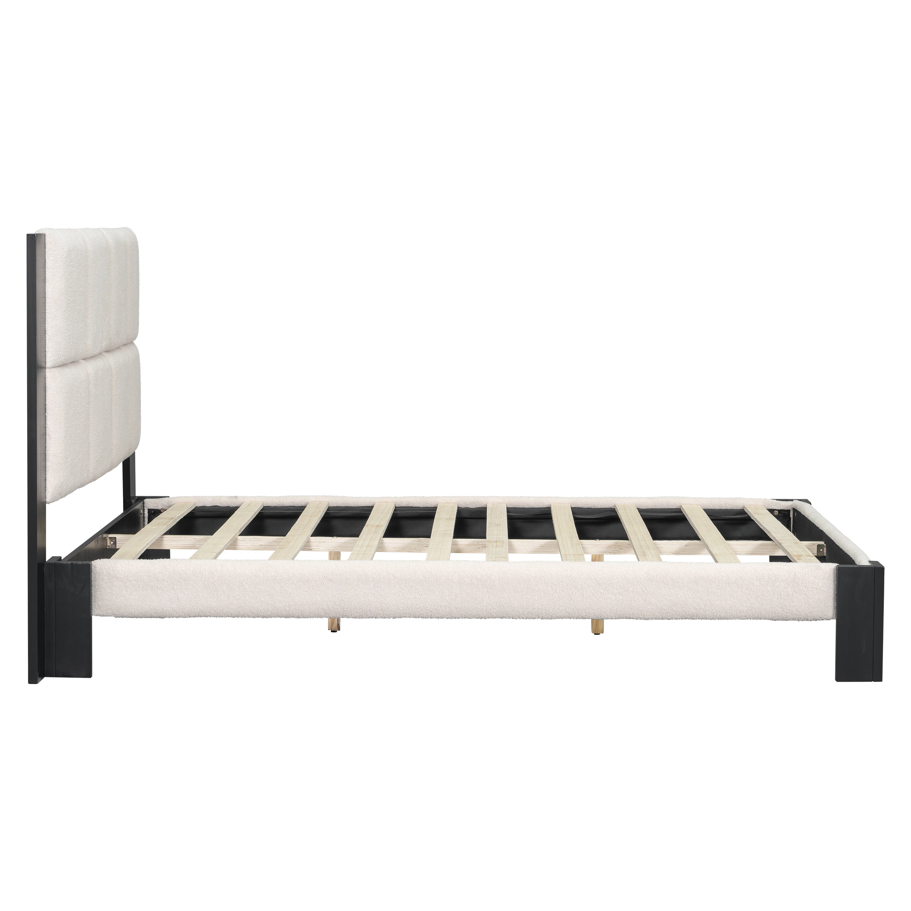 Boucle Queen Bed Frame with Square-Stitched Headboard