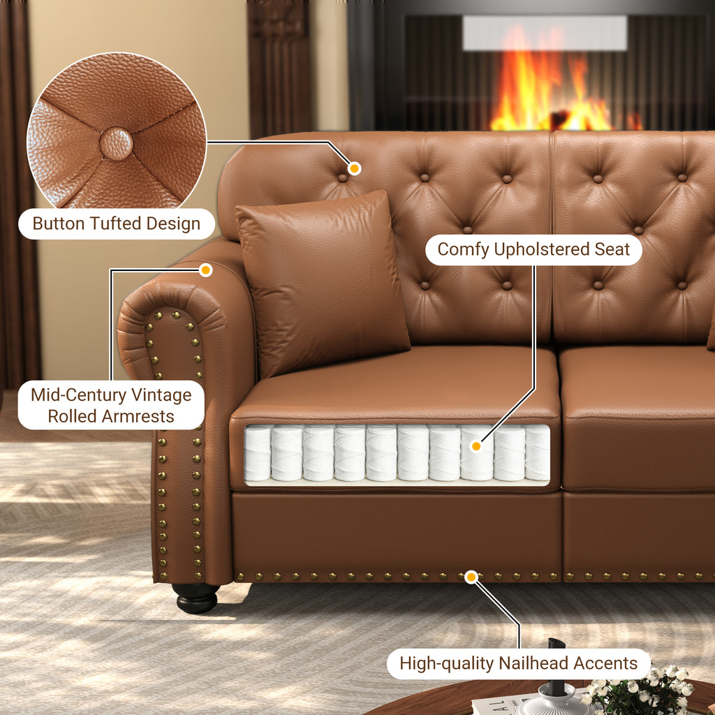 63" Upholstered Faux Leather Sofa with Nailhead Trim