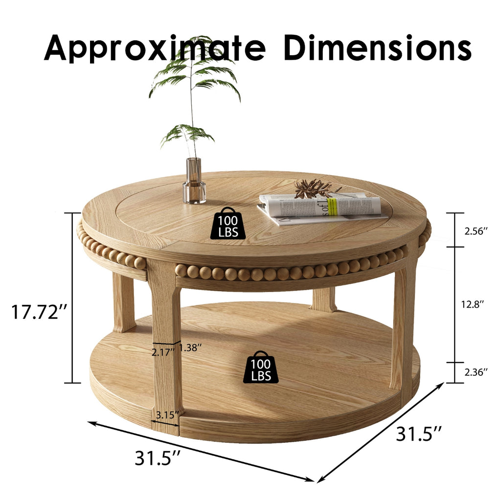 Round Solid Wood Coffee Table, 31.5 Inch, Two-Tier, Natural Wood