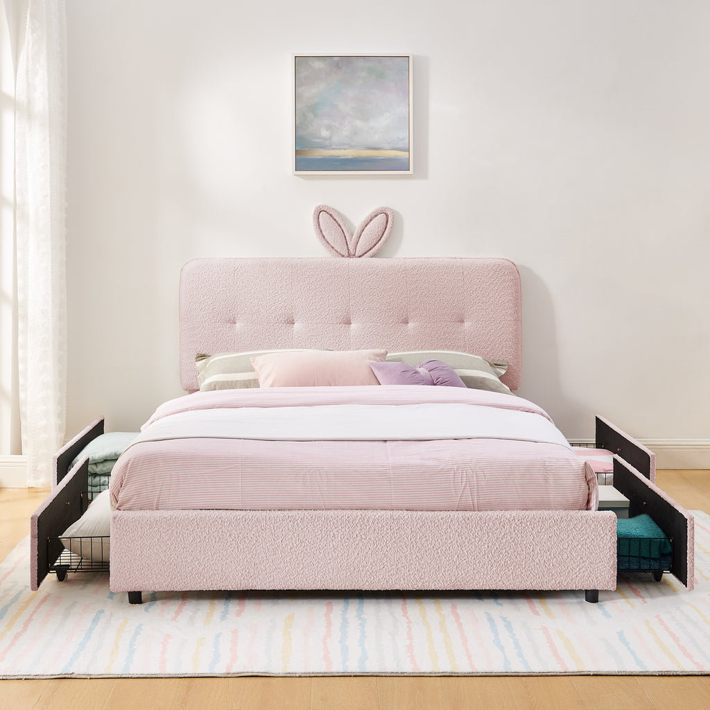 Queen Size Kids Upholstered Bed with Rabbit Ear Headboard
