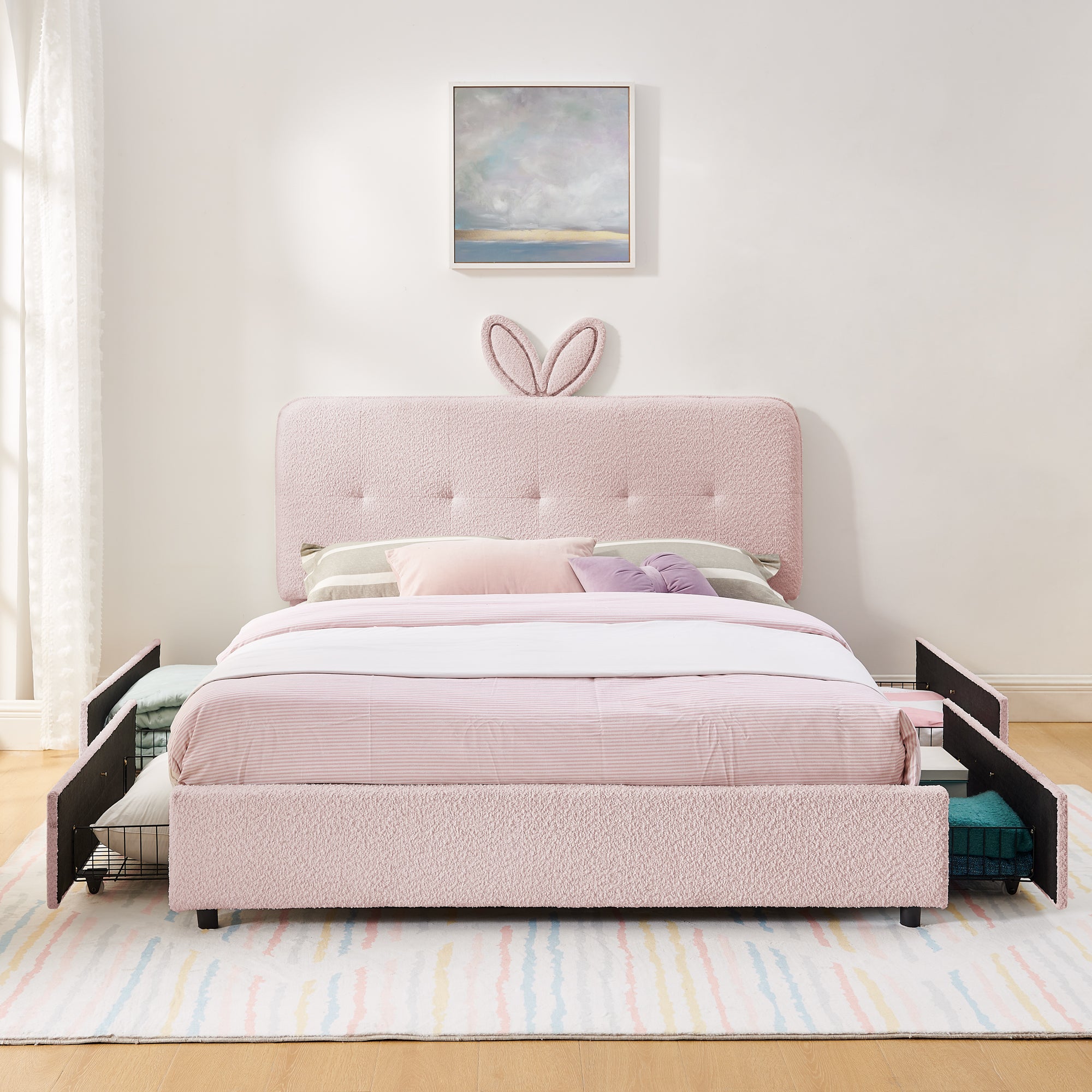 Queen Size Kids Upholstered Bed with Rabbit Ear Headboard