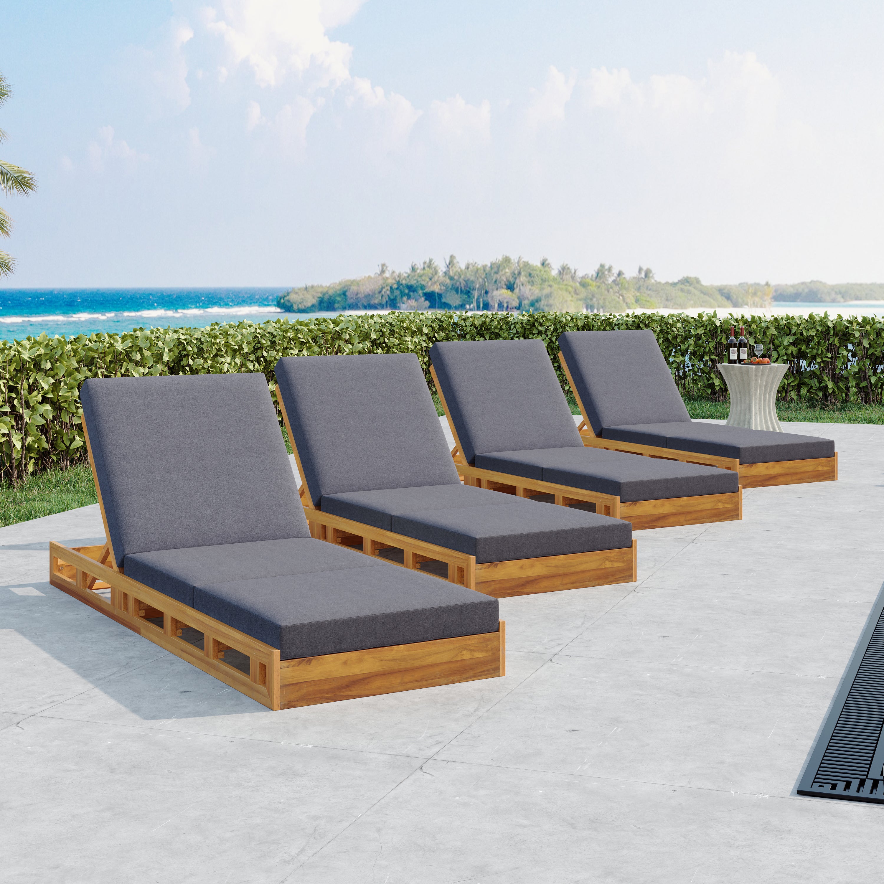 Lounge Chaise Set, Acacia Solid Wood with Lounge Cushion (Dark)