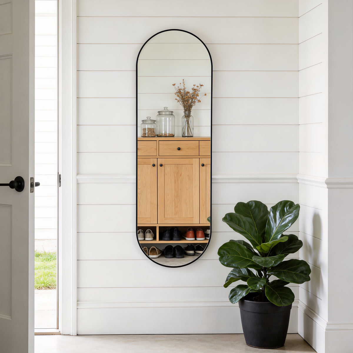 Black Pill Shaped Full Length Mirror, 63 x 20 Inches