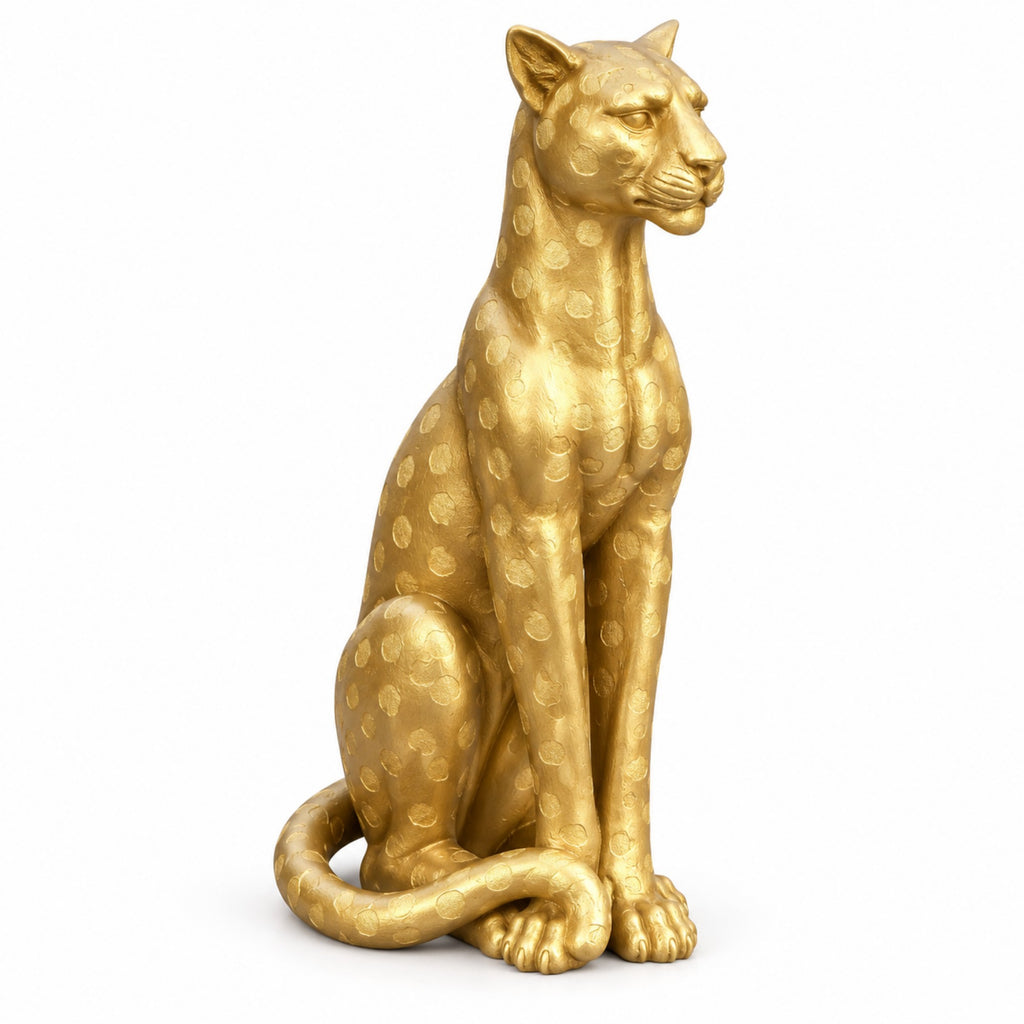 Gold Leopard Statue, 33.86 Inch Tall, Resin Fiberglass Seated Sculpture