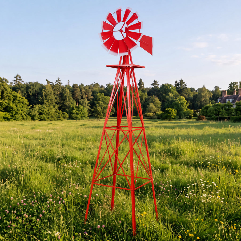8FT Decorative Garden Windmill, Heavy Duty Metal Yard Ornament with 4 Leg Frame