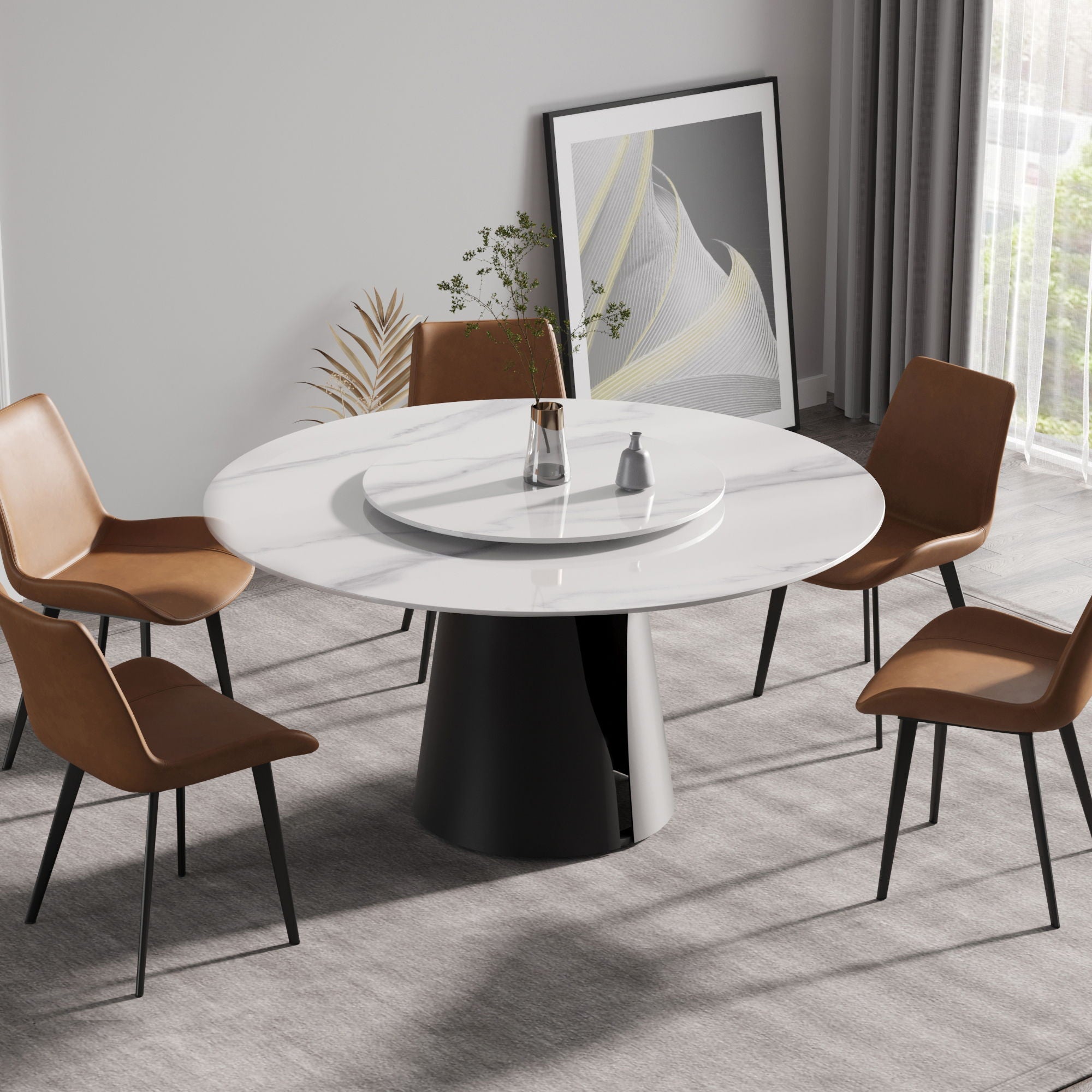 Modern Artificial Stone Round Carbon Steel Base Dining Table, Can Accommodate 6 People, Artificial Stone Turntable