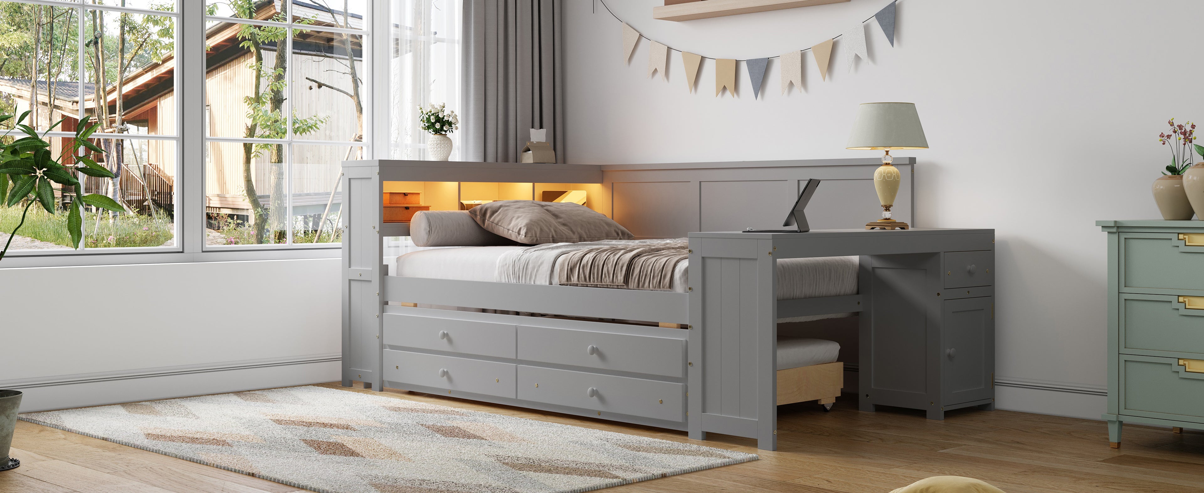 Full Size Daybed with Storage Shelves, Drawers, and Trundle