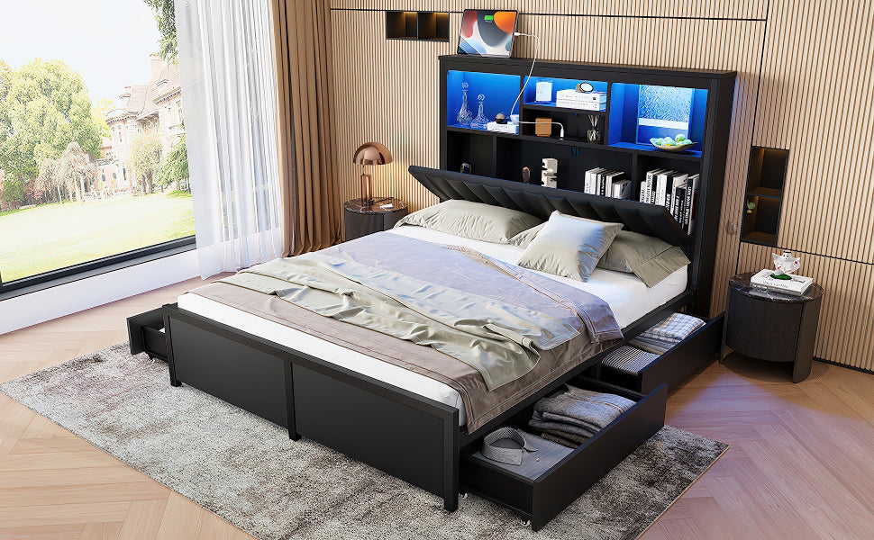 King Bed Frame with High Storage Headboard
