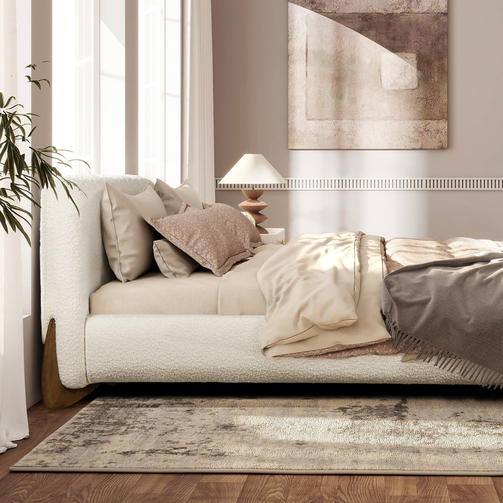 Alpine Puffy Modern Platform Bed, Queen, White Boucle