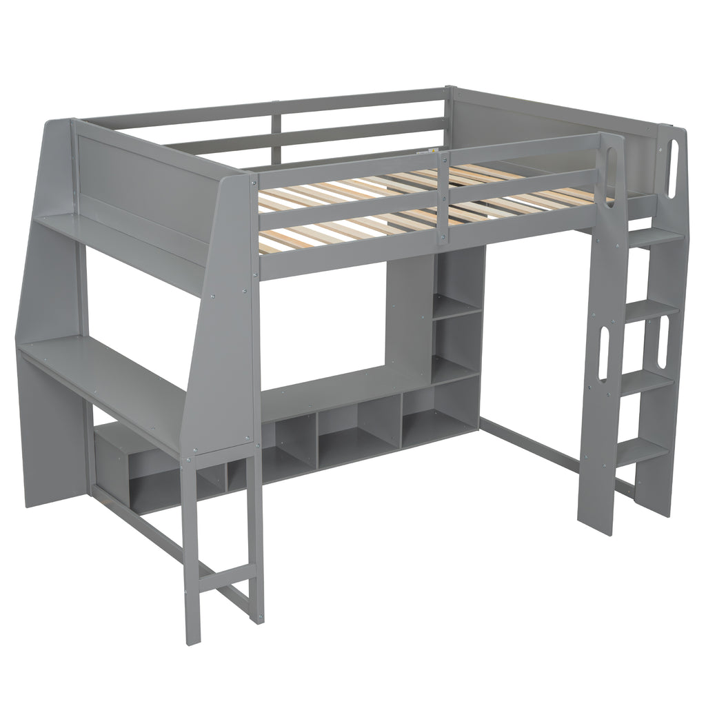 Wood Full Size Gaming Loft Bed with Desk and Multi-Storage Shelves