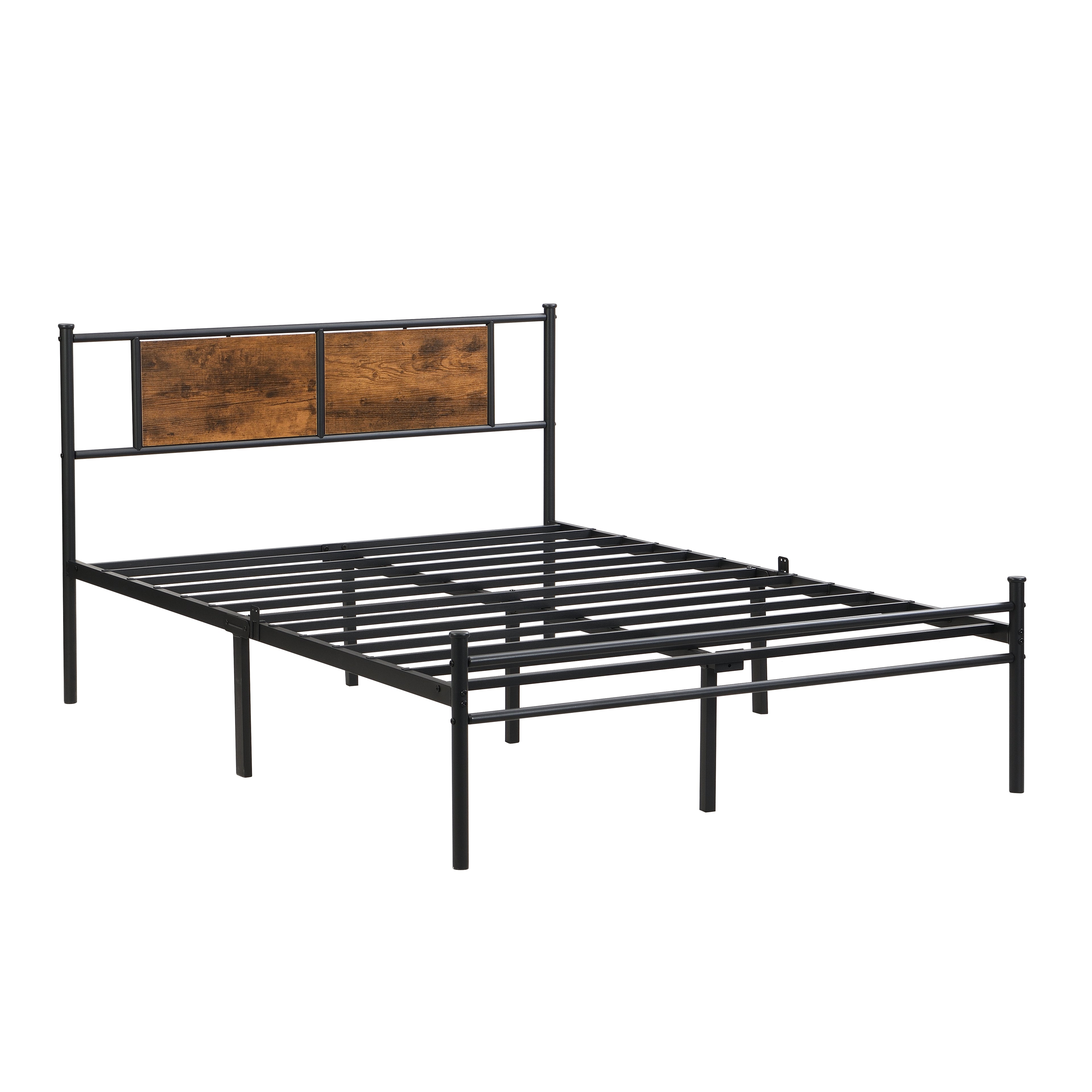 Queen Size Metal Bed Frame with Wood Panel Decoration