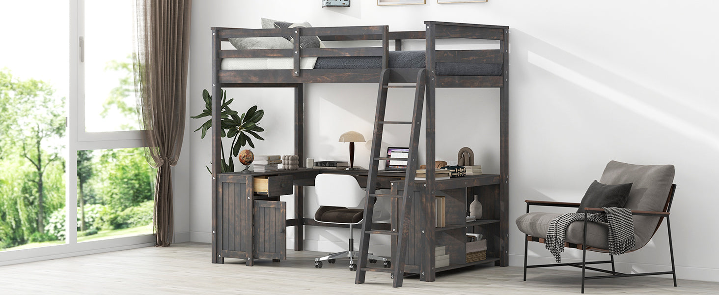 Full Size Loft Bed with U-shaped Desk, Drawers and Storage Shelves