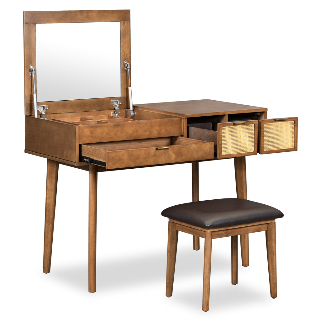 Classic Wood Makeup Vanity Set with Flip-top Mirror and Stool