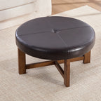 Round Leather Ottoman Coffee Table with Solid Wood Base