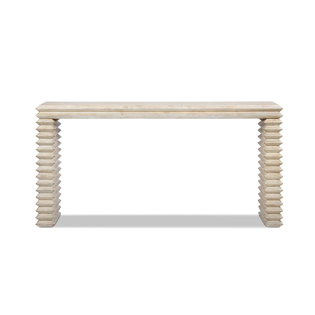 Veda 63" Reclaimed Wood Stacked Geometric Waterfall Console Table, Whitewashed