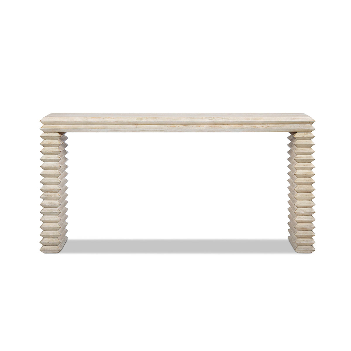 Veda 63" Reclaimed Wood Stacked Geometric Waterfall Console Table, Whitewashed