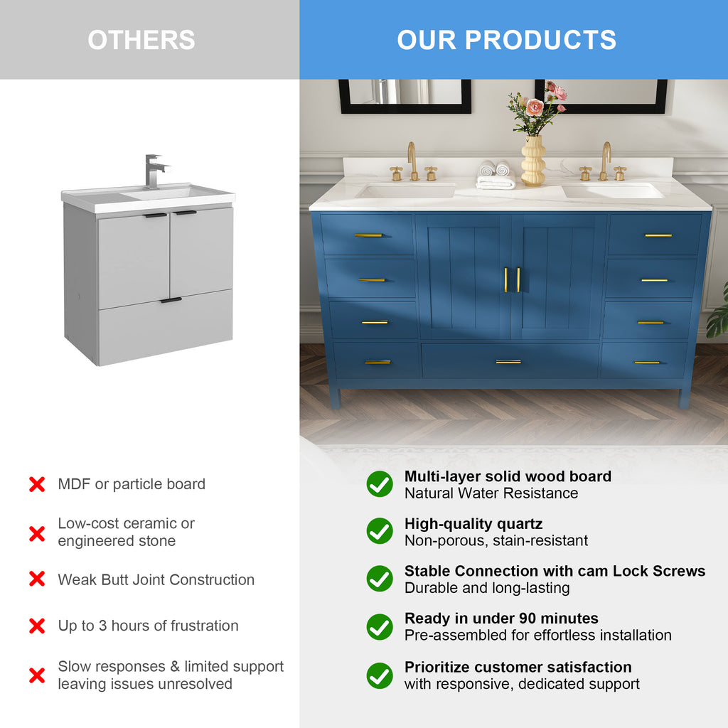 60" Solid Wood Bathroom Vanity with 2 Sinks