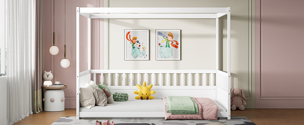 Full Size Canopy Bed Frame with Guardrails for Kids