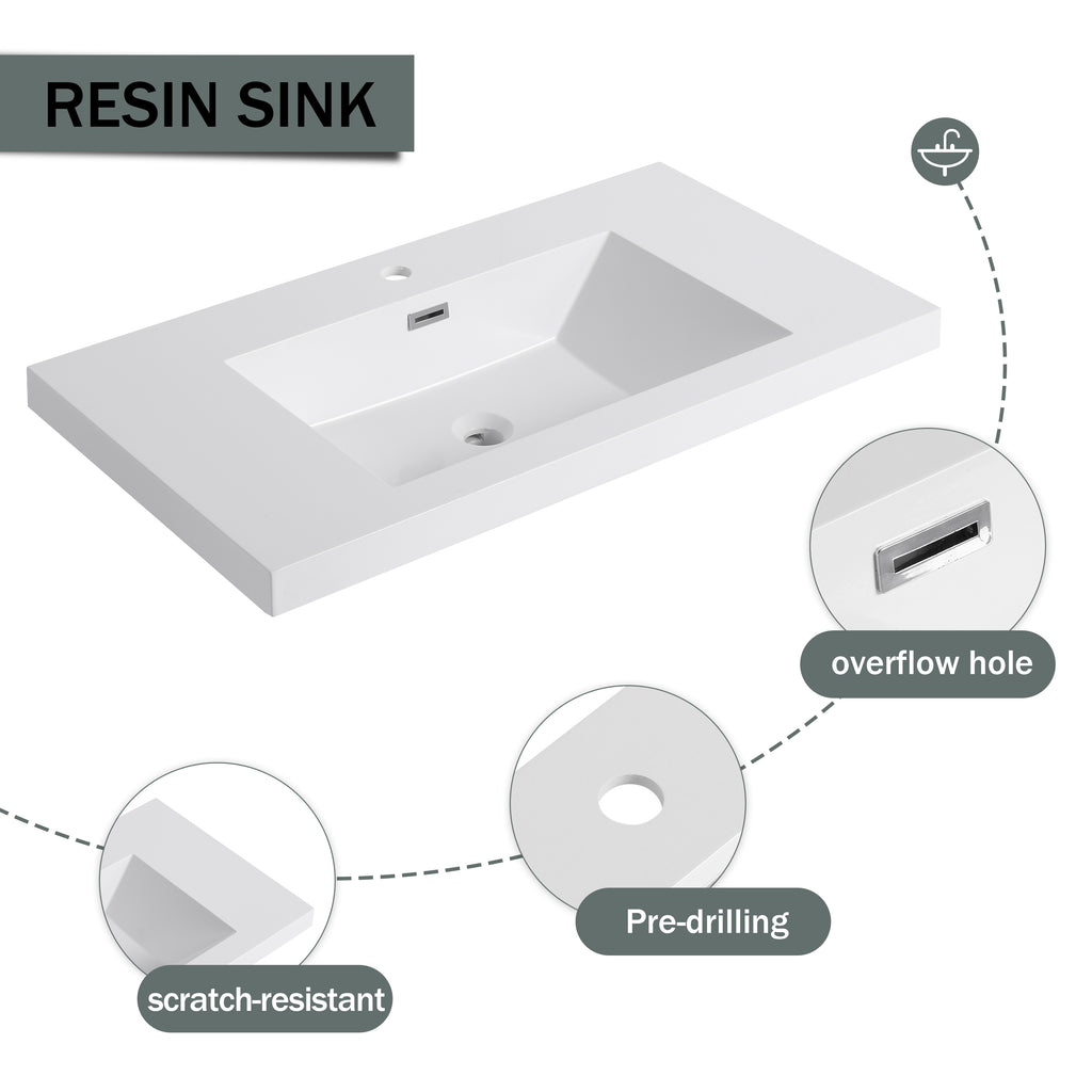 36" Freestanding Bathroom Vanity with Resin Sink & 2 Soft-Close Cabinet Doors